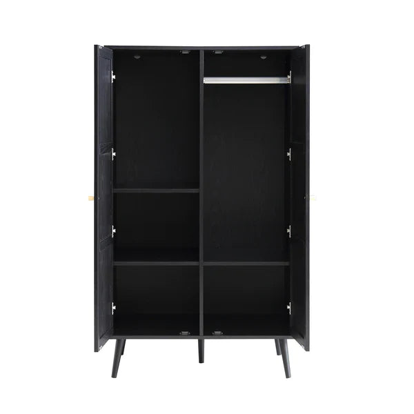 Classic Solid Wood Rattan Black Finish Compact 2 Door Wardrobe