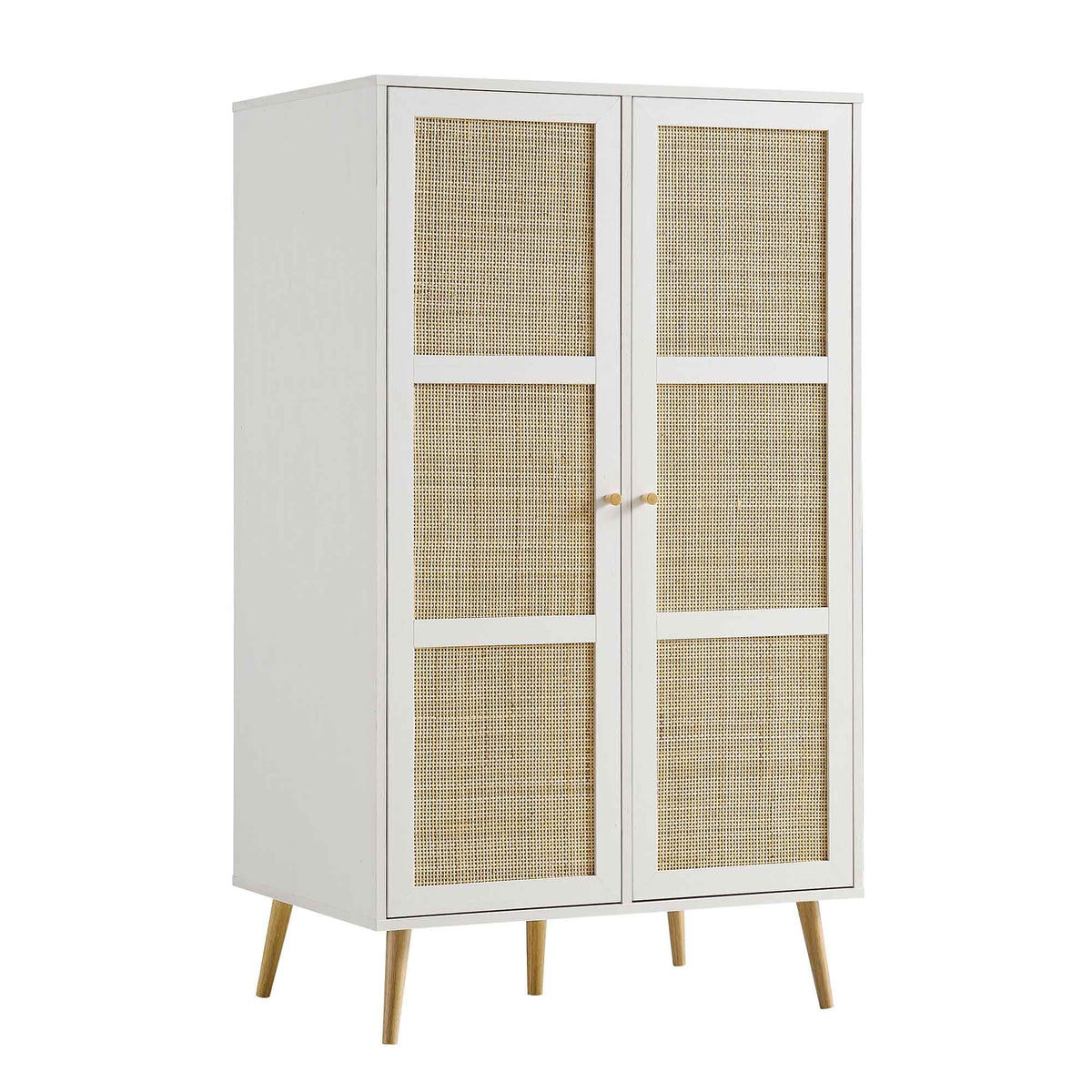 Classic Solid Wood Rattan White Finish Compact 2 Door Wardrobe