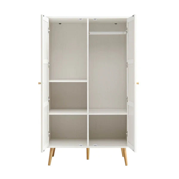 Classic Solid Wood Rattan White Finish Compact 2 Door Wardrobe