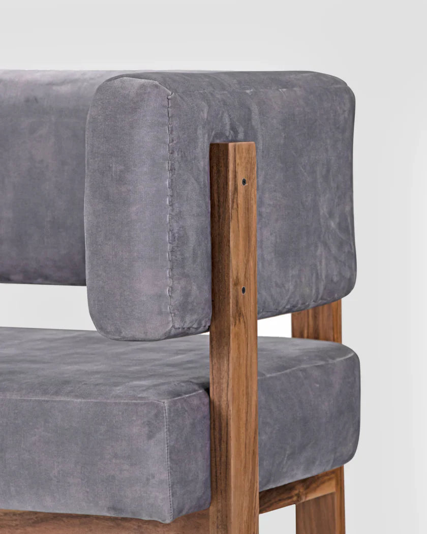 Classic Sheesham Solid Wood and Fabric Grey 3 Seater Sofa