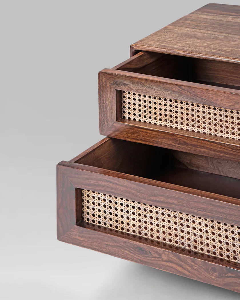 Classic Rattan Sheesham Solid Wood Brown Finish Bedside Table