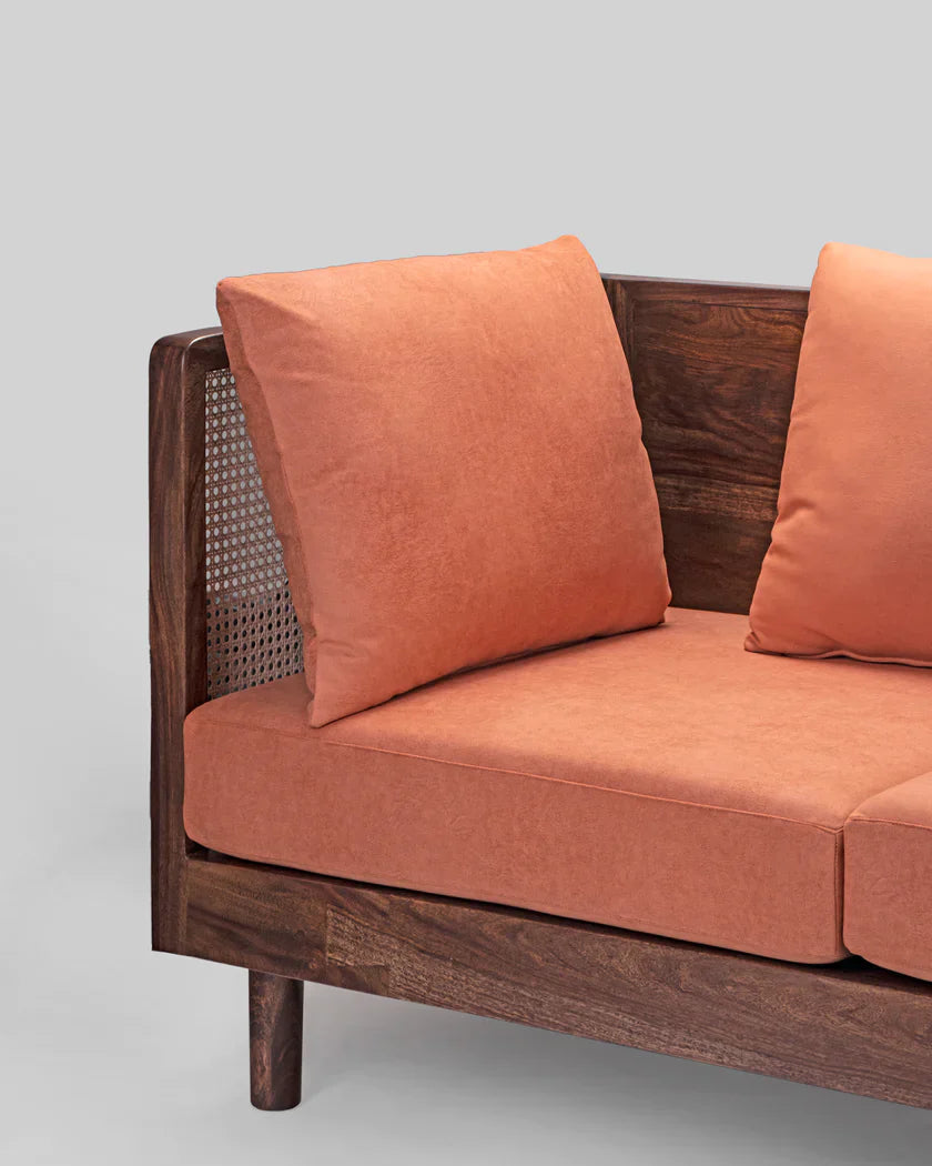 Modern Rattan Solid Wood & Fabric 3 Seater Sofa With Cane Work