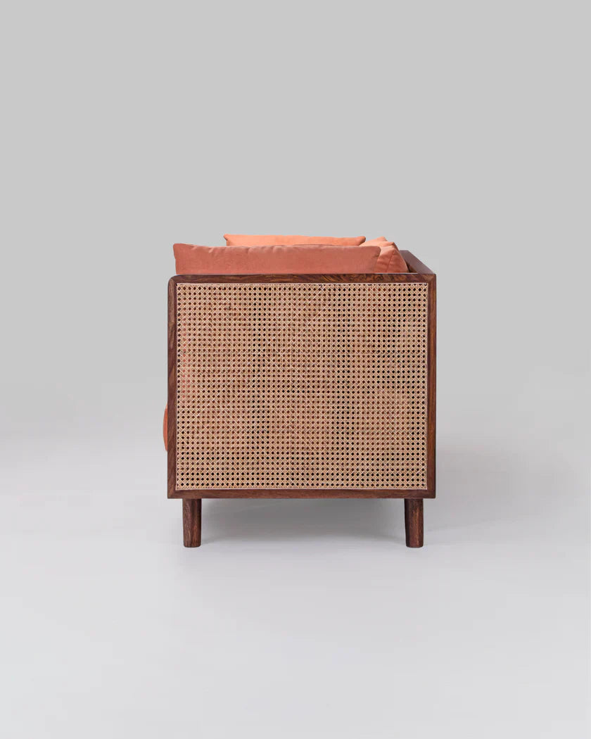 Modern Rattan Solid Wood & Fabric 3 Seater Sofa With Cane Work