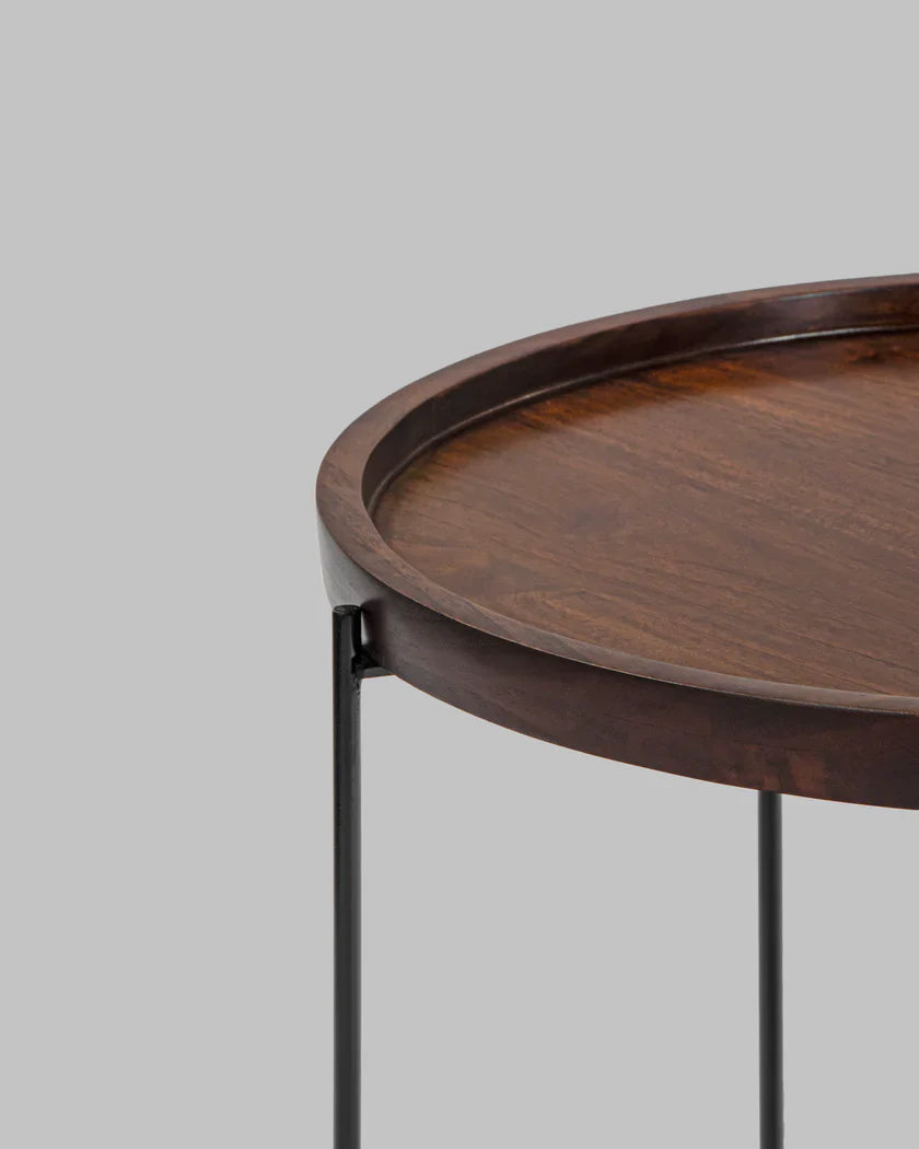 Sheesham Solid Wood Round Metal End Table
