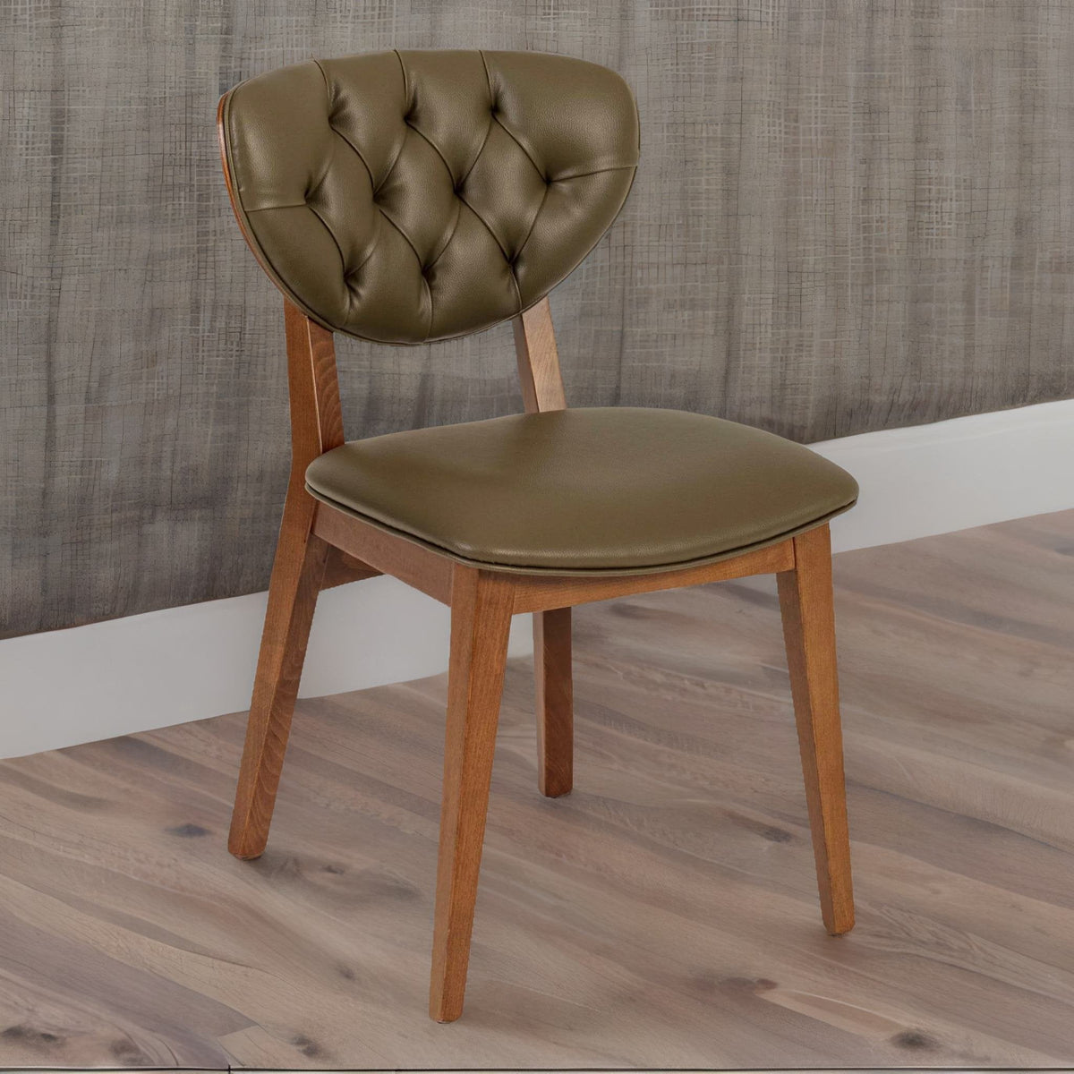 Classic Solid Wood Leather Dining Chair - Dark Green Finish