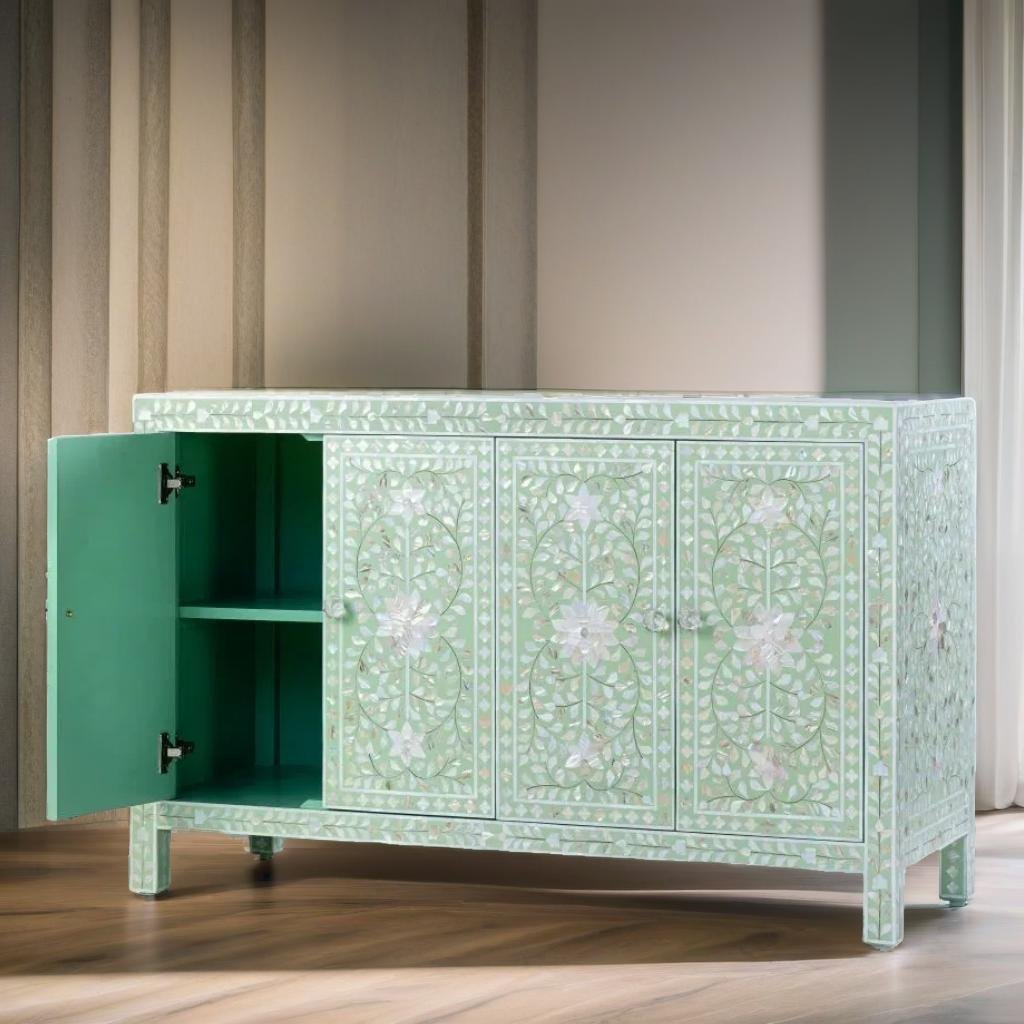 Bone Inlay Lime Green Mother of Pearl Floral Sideboard