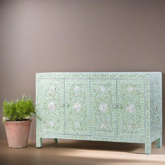 Bone Inlay Lime Green Mother of Pearl Floral Sideboard