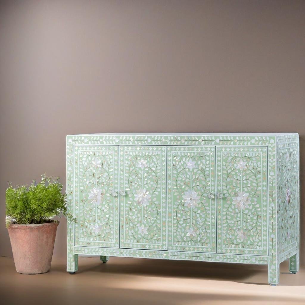 Bone Inlay Lime Green Mother of Pearl Floral Sideboard
