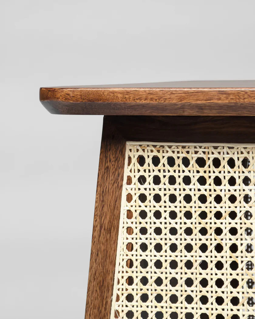 Modern Style Rattan Wooden End Table - Walnut Finish