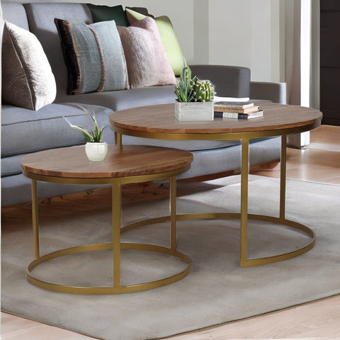 Industrial Solid Wood Set of 2 Side Table In Brown