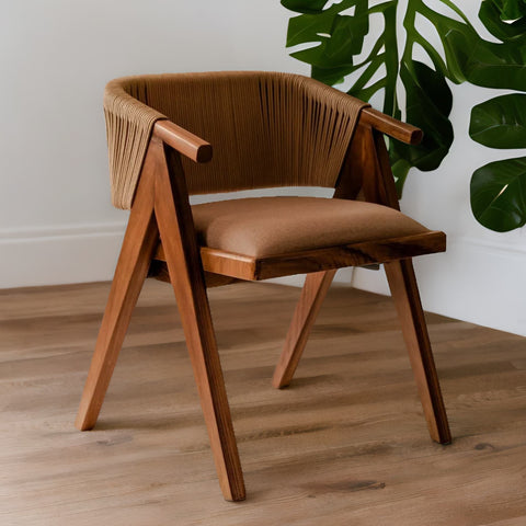 Modern Solid Wood & Leather Arm Chair - Brown Finish