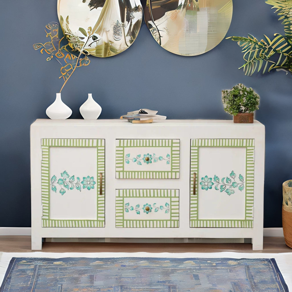 Jaipuri Hand Painted Floral Living Room Cabinet