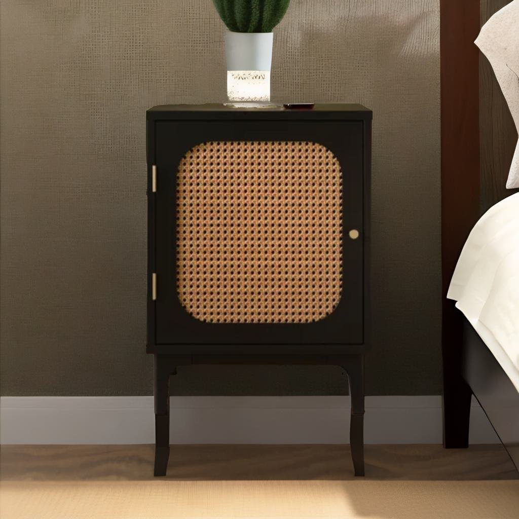Modern Rattan Mango Wood Bed Side Table Black