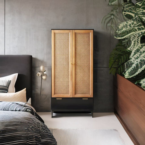 Modern Rattan Mango Wood Wardrobe