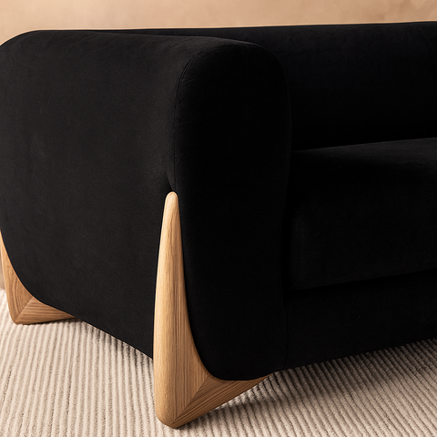 Modern Curve Solid Wood 3 Seater Fabric Sofa - Black Finish