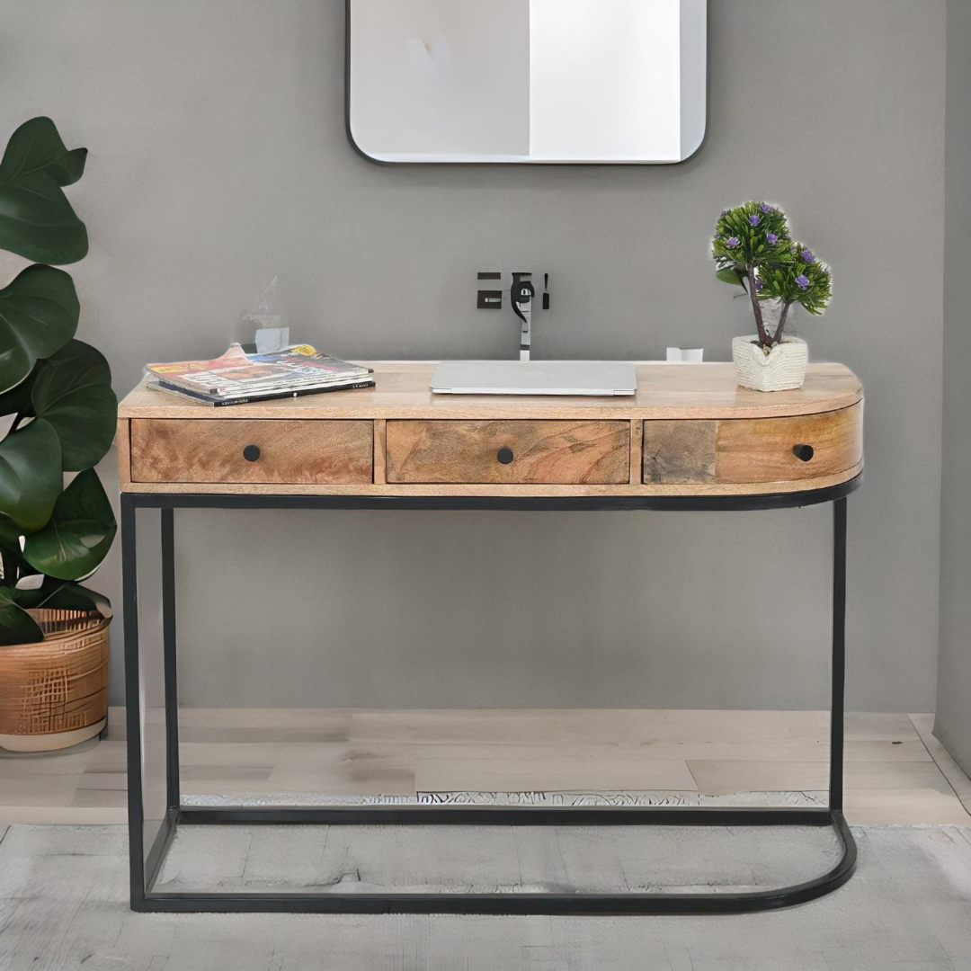 Mango Wood Console Table with Black Iron Frame - 3 Drawers