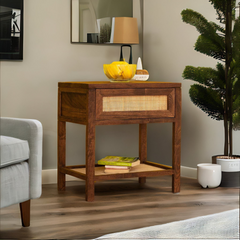 Acacia Wood Side Table - 1 Drawer Cane Table