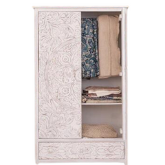 Modern Mango Wood Hand Carved 1 Drawer and 2 Doors with Shelves Wardrobe