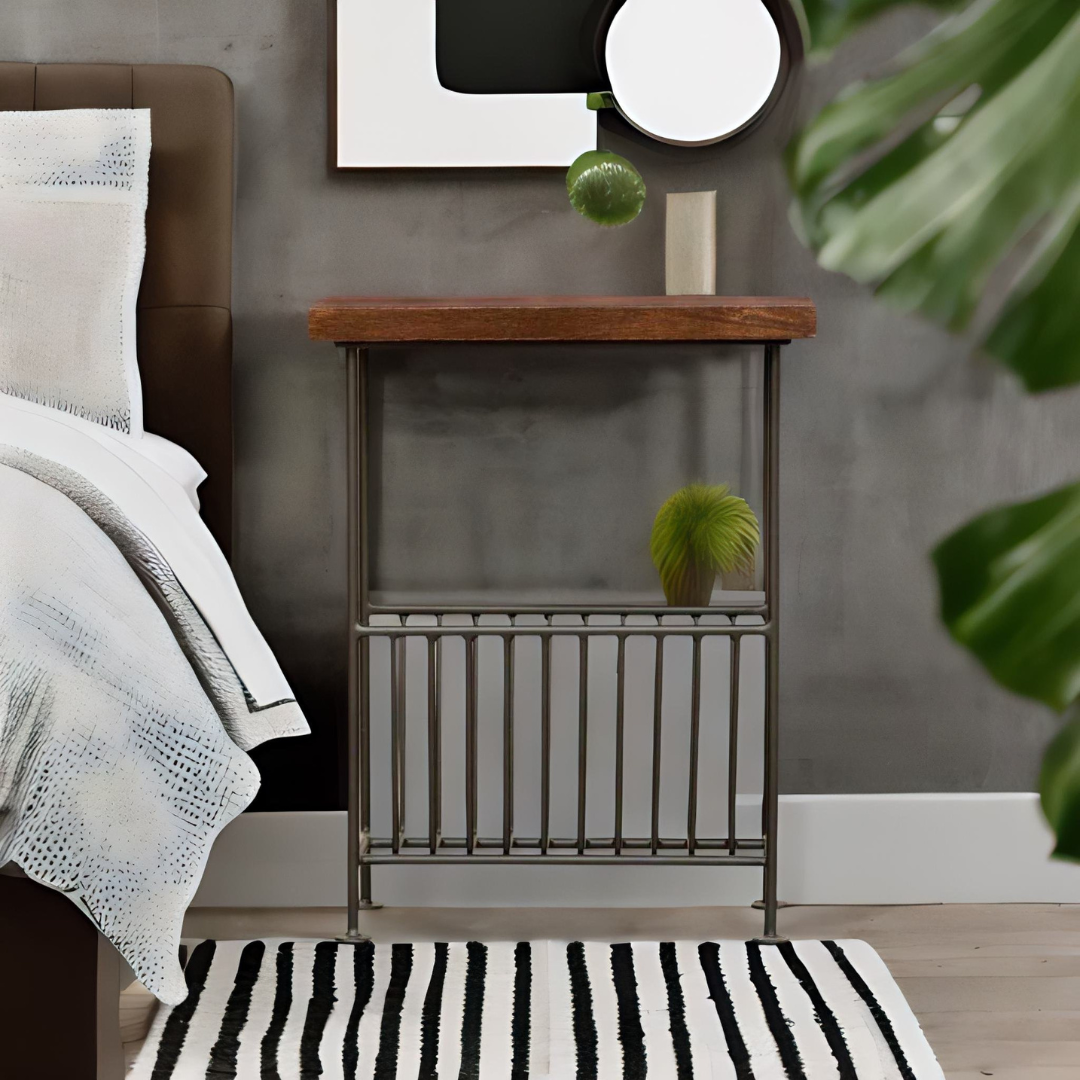 Classic Sheesham Wood Side Table with Black Iron Frame