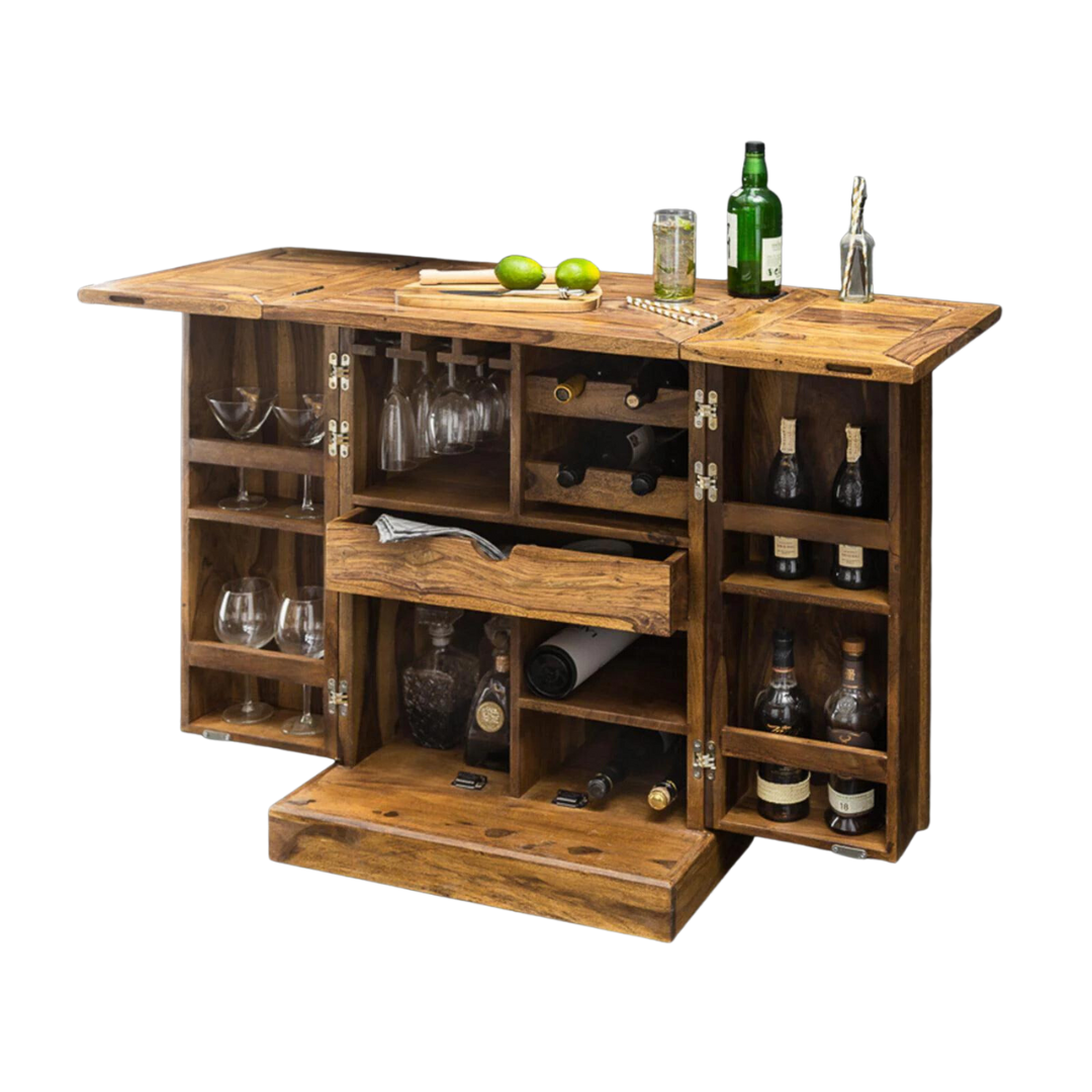 Classic Sheesham Wood Natural Finish Stylish Bar Cabinet