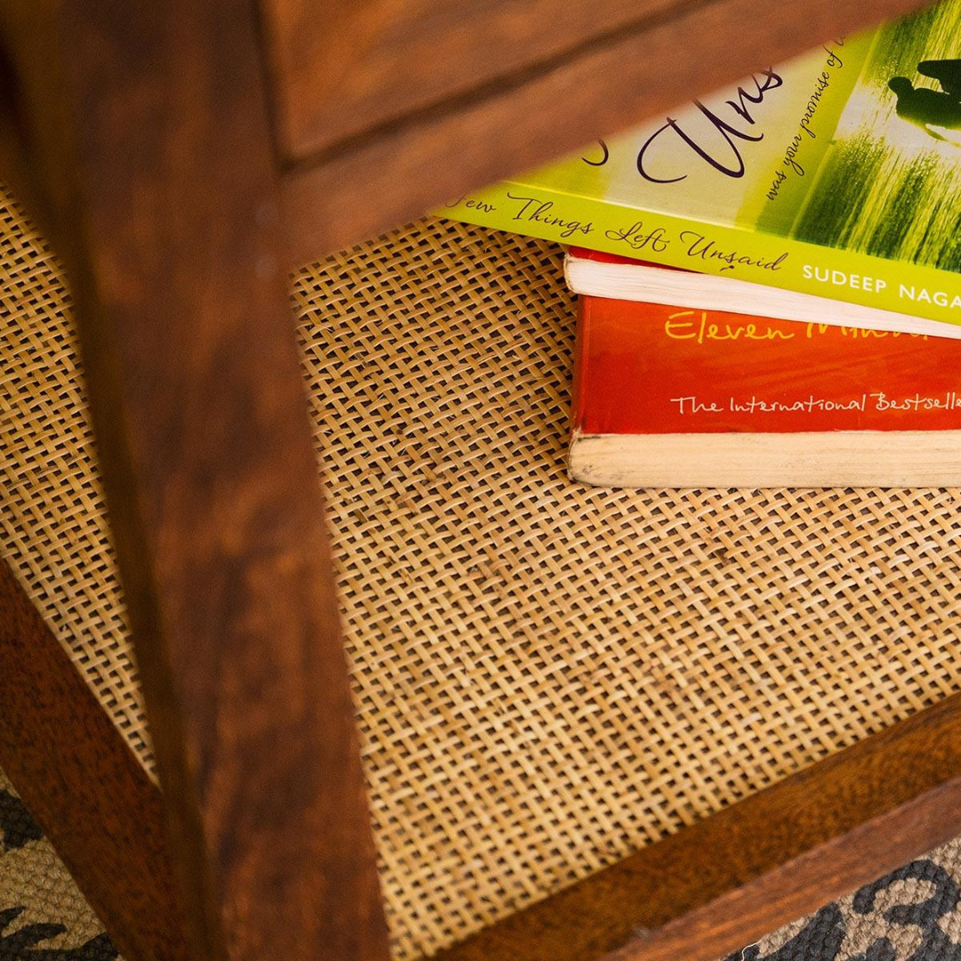 Acacia Wood Side Table - 1 Drawer Cane Table