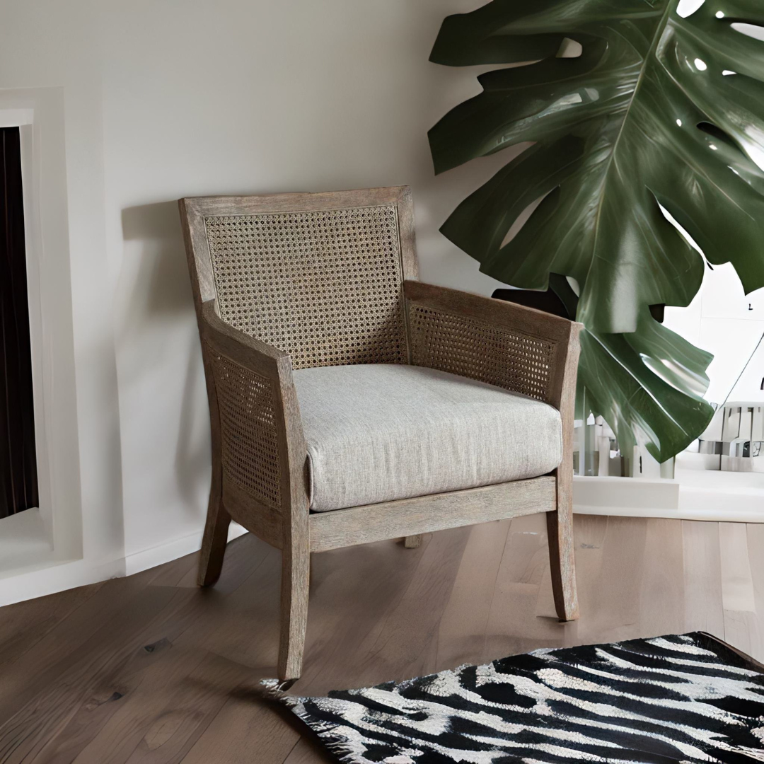 Rattan Modern Mango Wood Arm Chair with Cane Work with natural finish