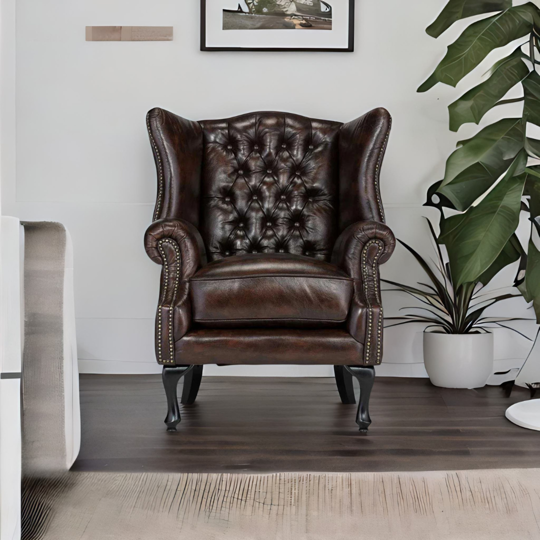 Chesterfield Wing Back Sofa 1 Seater Genuine Leather Brown