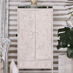 Modern Mango Wood Hand Carved 1 Drawer and 2 Doors with Shelves Wardrobe