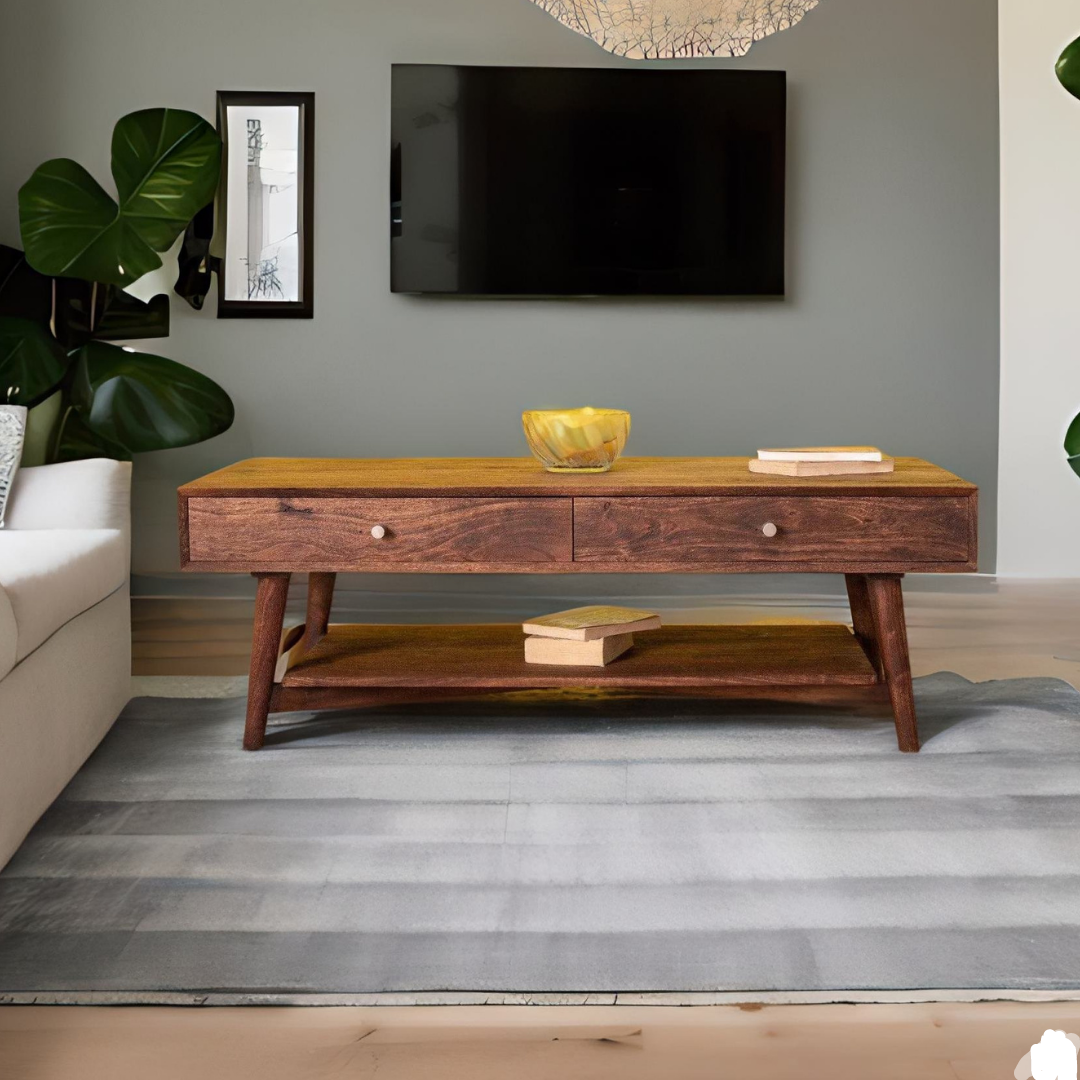 Acacia Wood Retro Coffee Table with 2 Drawers