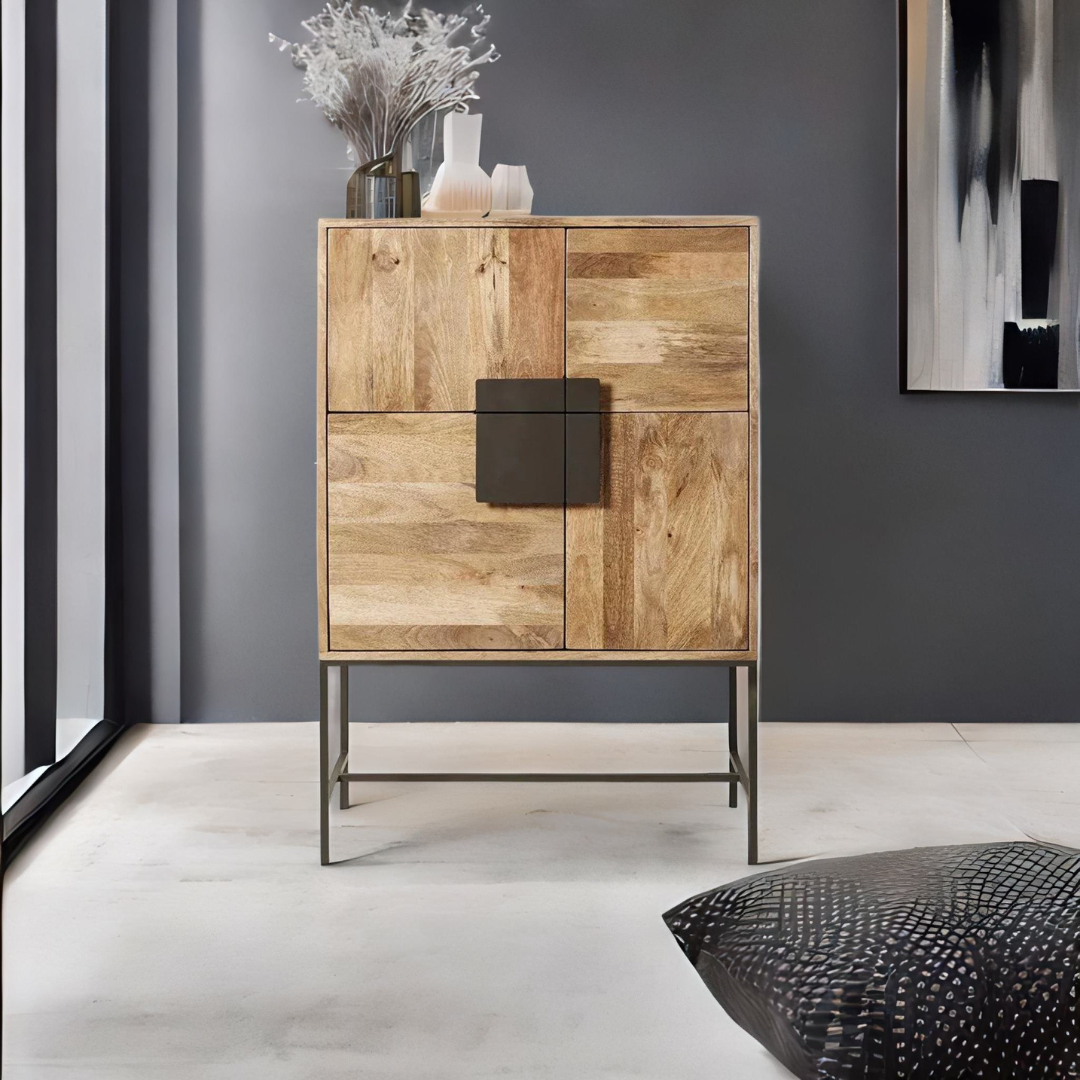 Modern Mango Wood Natural Finish Bar Cabinet with Iron Stand