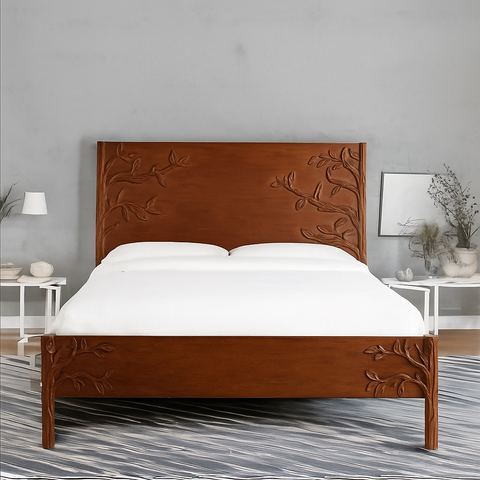 Viola Luxury Hand Carved Solid Wood Bed In Walnut Finish King Size