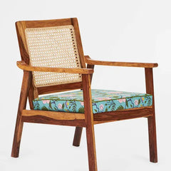 Rattan Sheesham Wood Cane Armchair With Floral