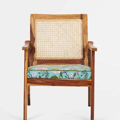 Rattan Sheesham Wood Cane Armchair With Floral