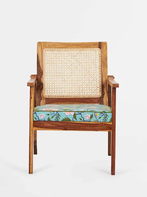 Rattan Sheesham Wood Cane Armchair With Floral