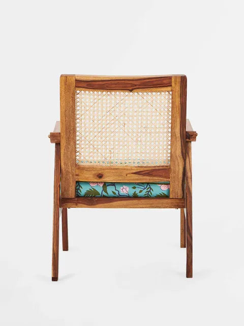 Rattan Sheesham Wood Cane Armchair With Floral