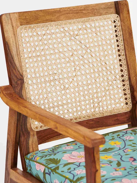 Rattan Sheesham Wood Cane Armchair With Floral