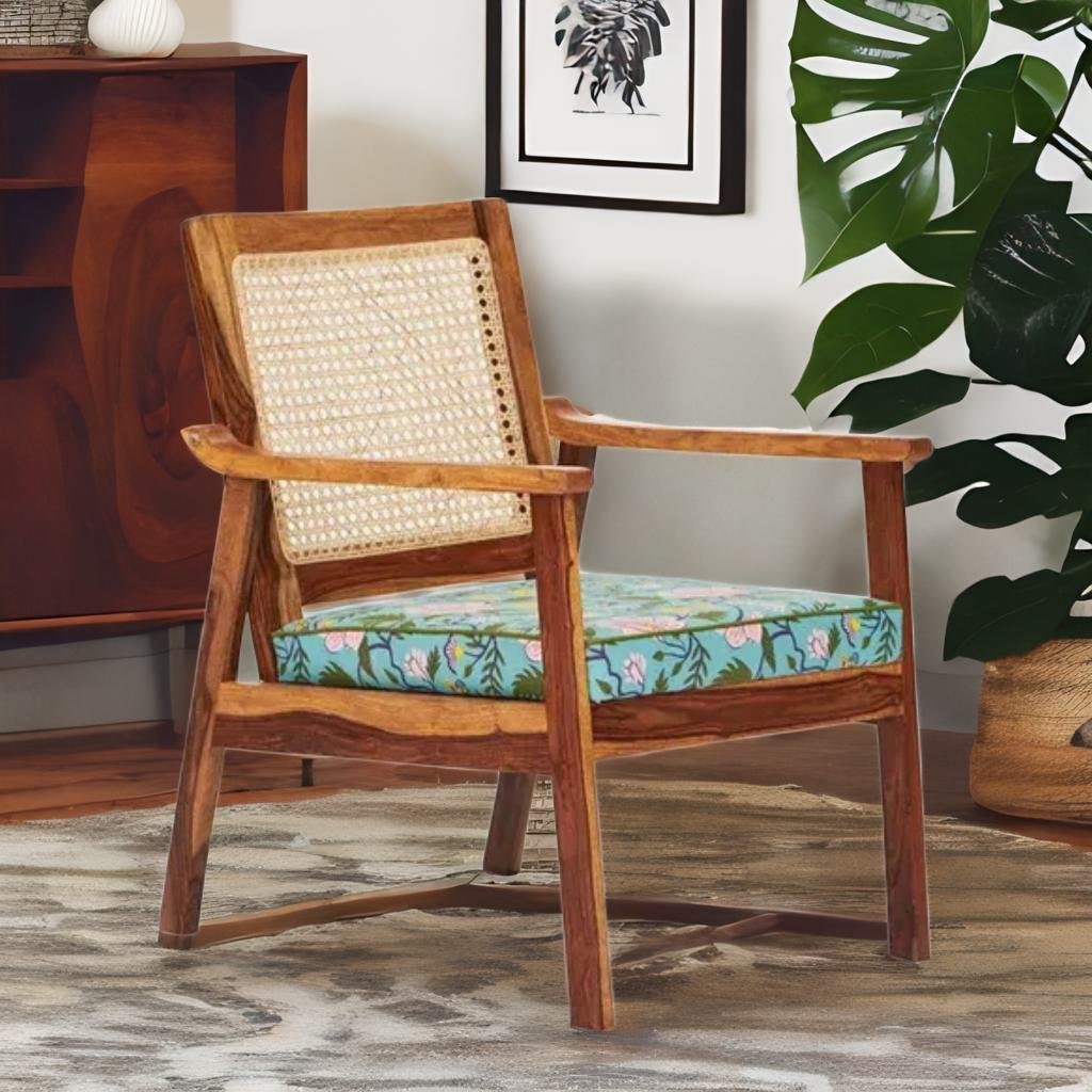 Rattan Sheesham Wood Cane Armchair With Floral
