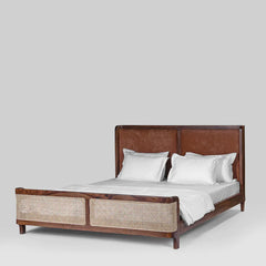 Classic Rattan Solid Wood Bed With Cane and Upholstery - All Sizes
