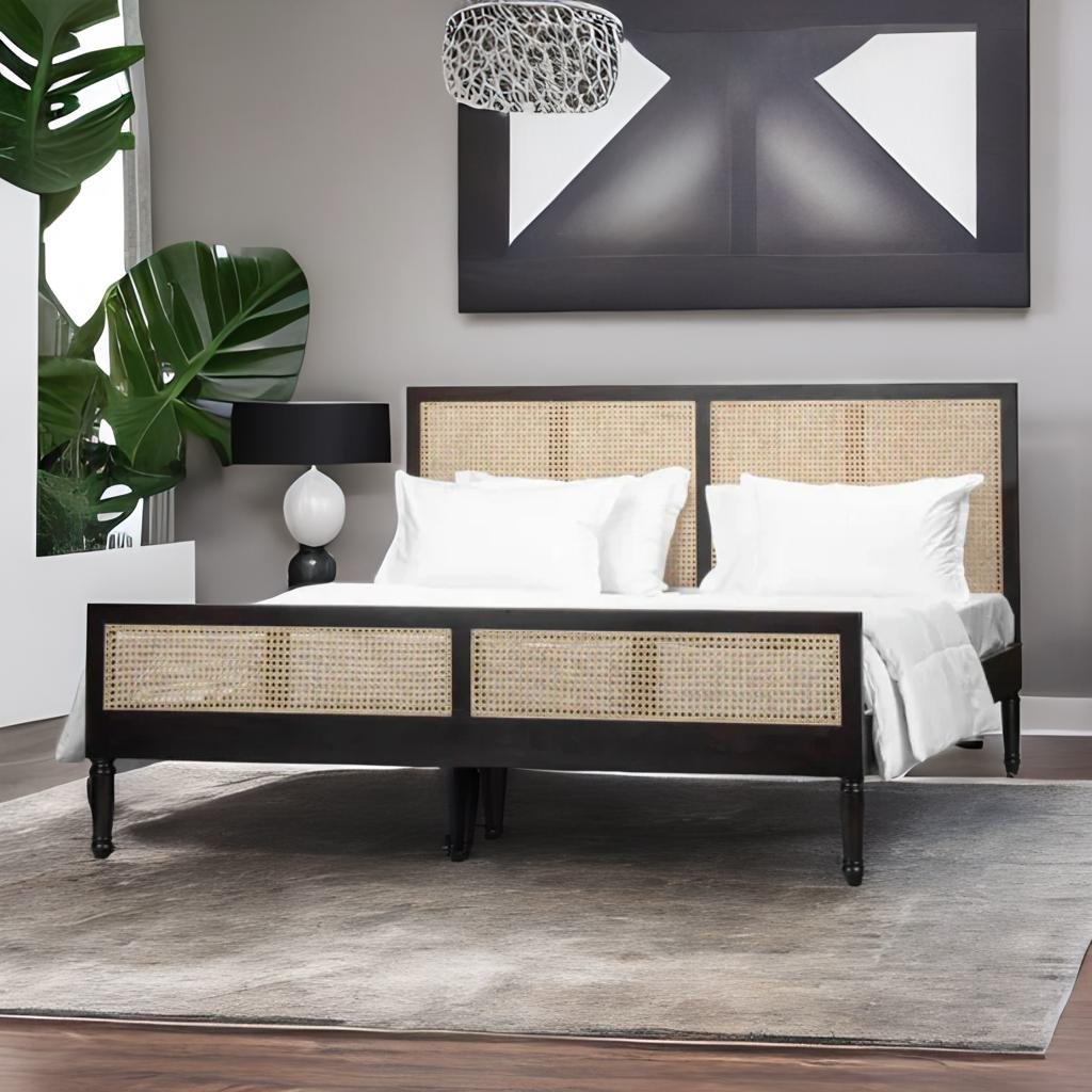 Classic Sheesham Wood Bed With Handwoven Cane - All Sizes