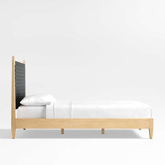 Niwar Solid Wood Bed With Handwoven Leather Headboard In Black - All Sizes
