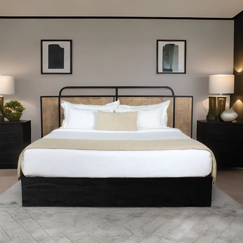 Berlin Solid Wood Rattan Cane Bed In Black Finish - All Sizes