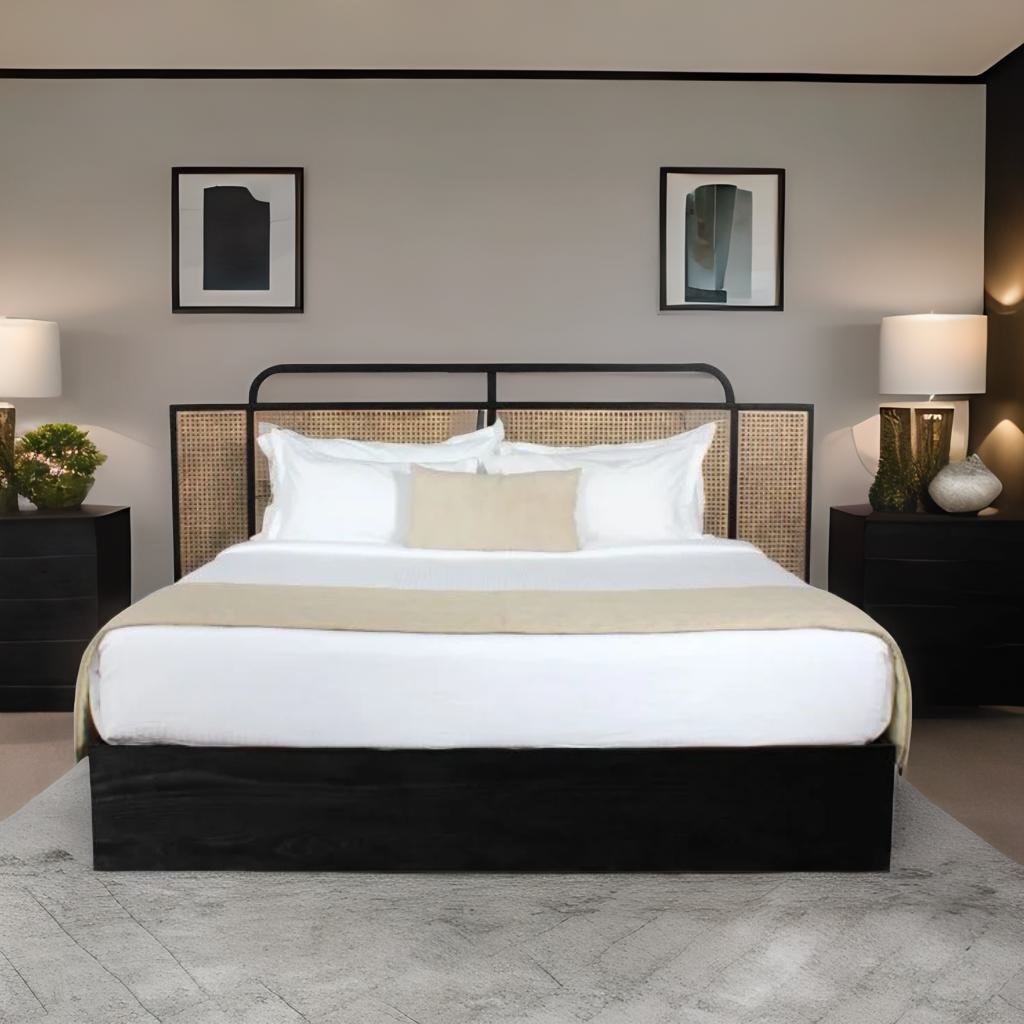 Berlin Solid Wood Rattan Cane Bed In Black Finish - All Sizes