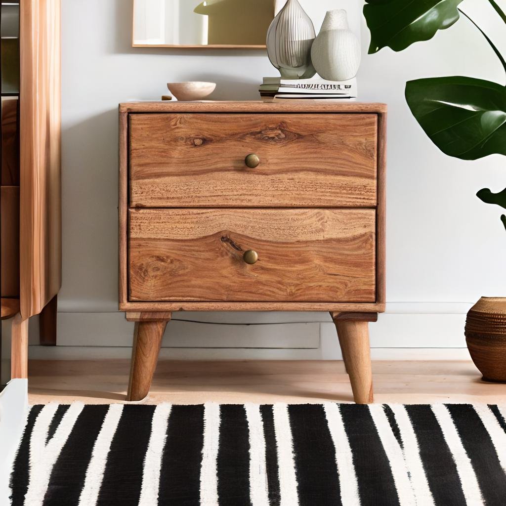 Solid Sheesham Wood 2 Drawer Bedside Table