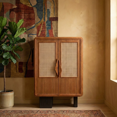 Arco Mid-Century Rattan Wood Bar Cabinet