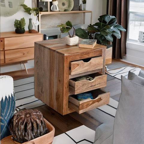 Sheesham Solid Wood 3 Drawer Bedside Table | Matte Finish