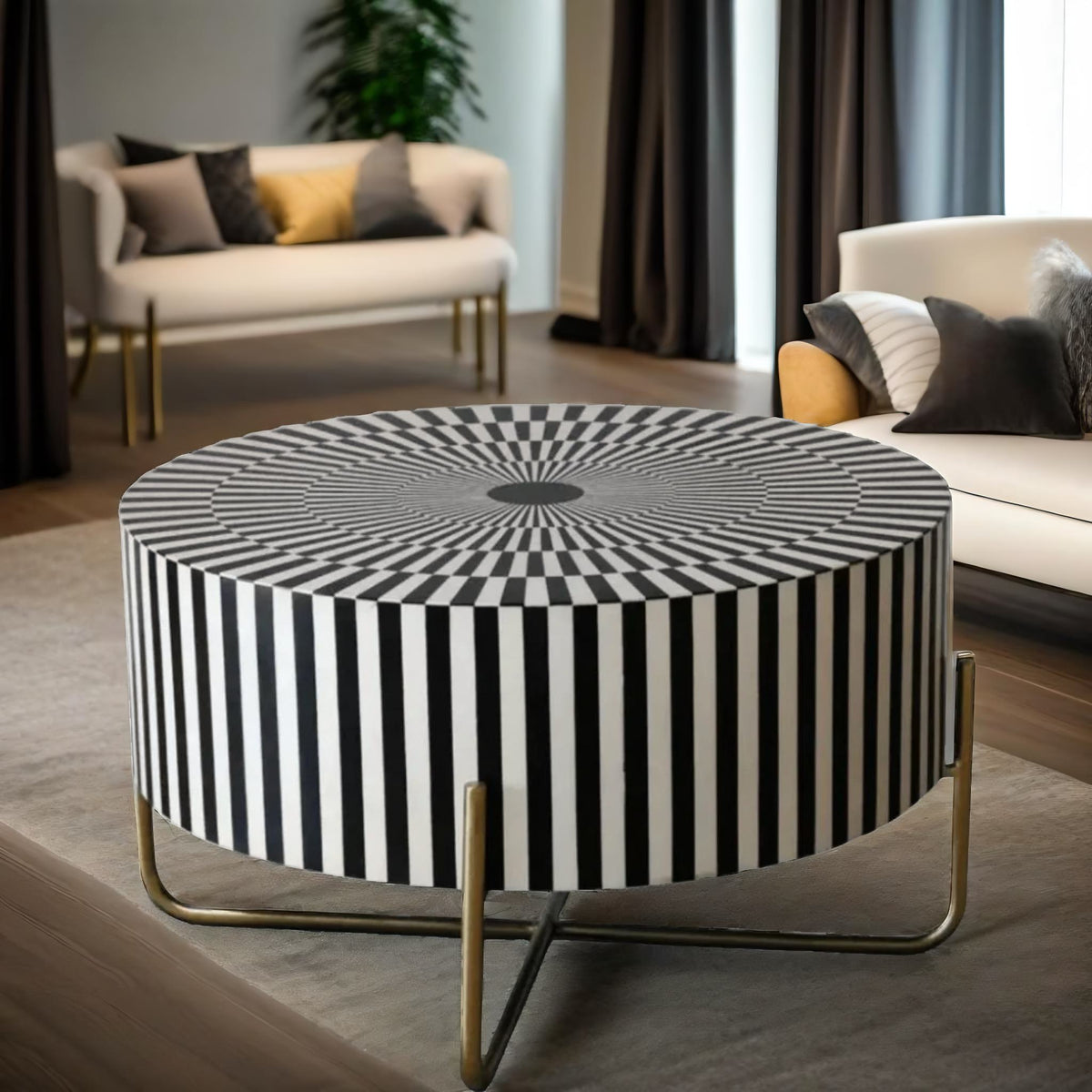 Bone Inlay Round Black And White Coffee Table