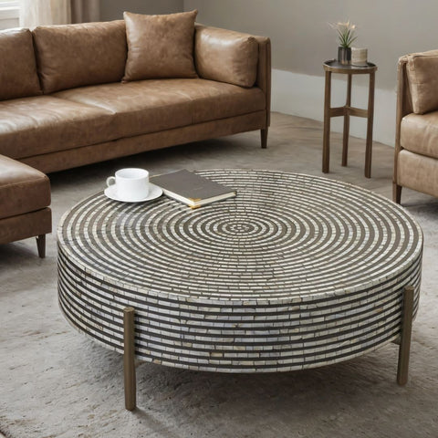 Athena Mother Of Pearl Inlay Round Coffee Table In Silver