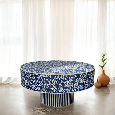 Indigo Floral Bone Inlay Round Coffee Table