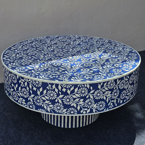 Indigo Floral Bone Inlay Round Coffee Table