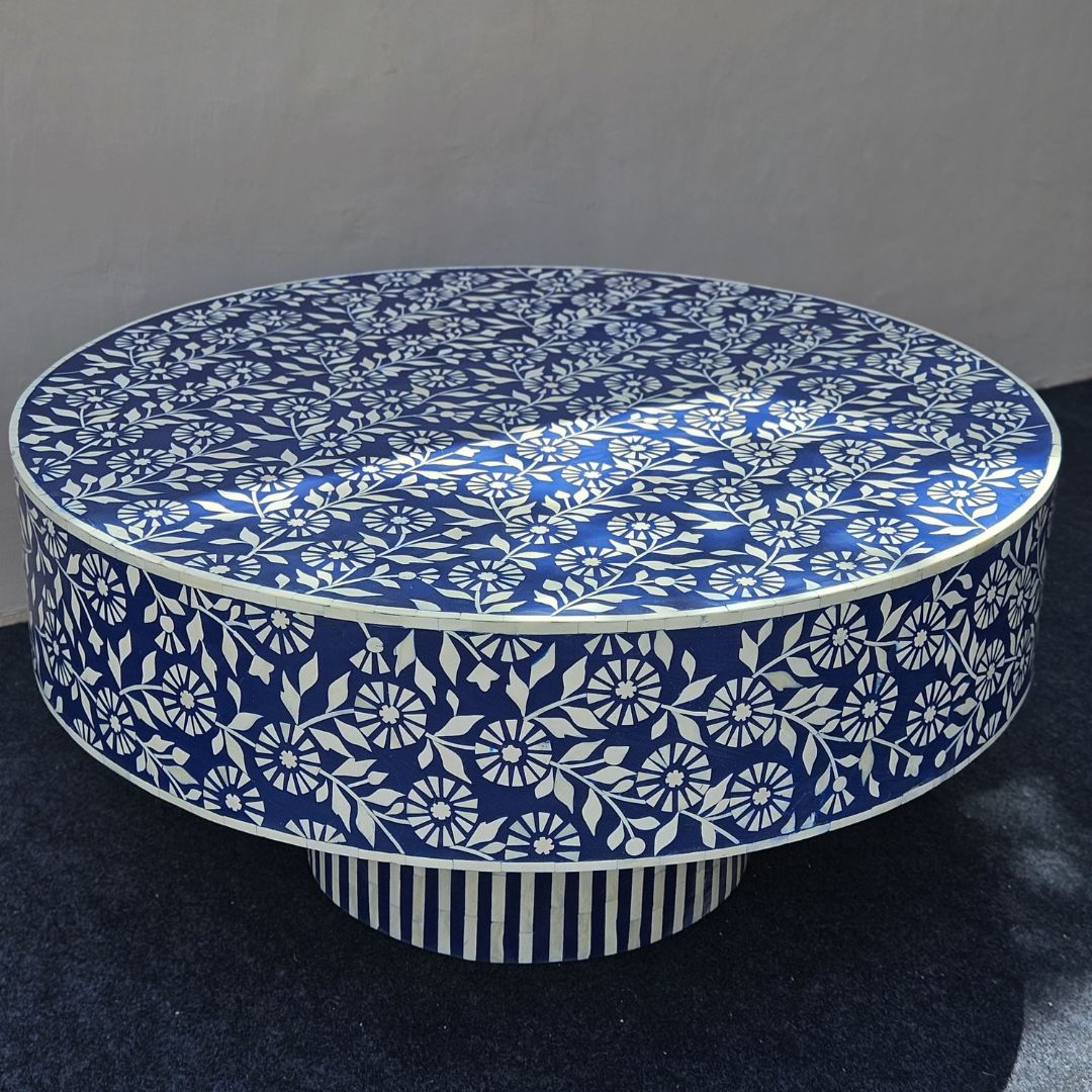 Indigo Floral Bone Inlay Round Coffee Table